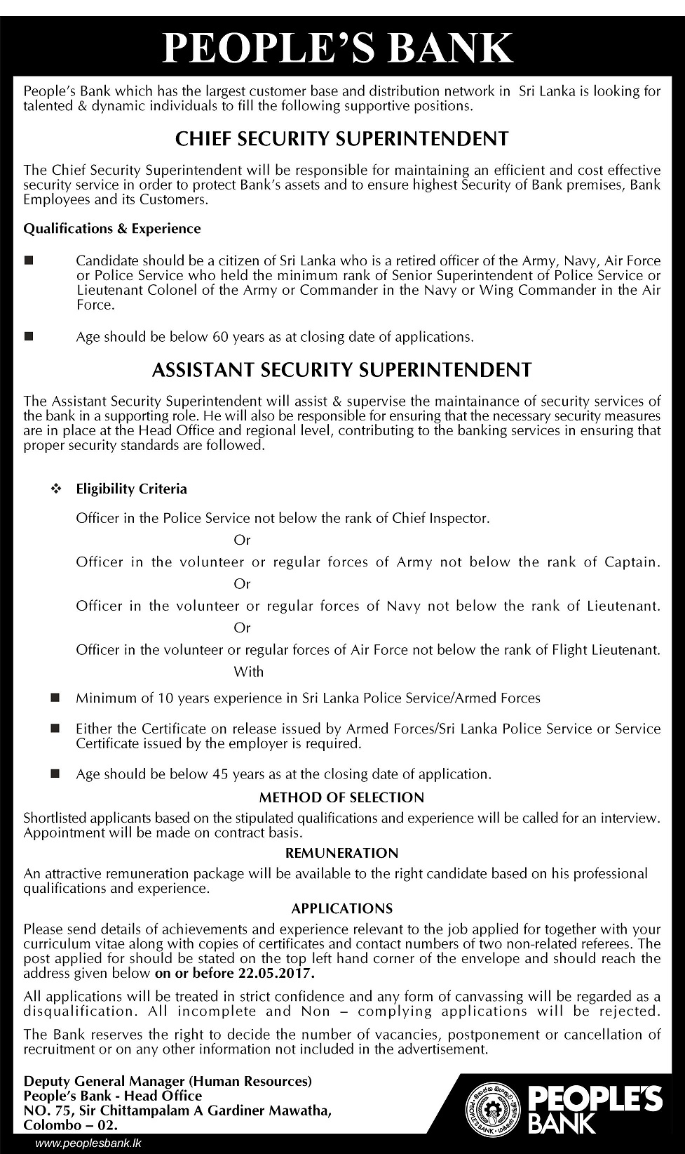 Chief Security Superintendent, Assistant Security Superintendent - Peopleâ€™s Bank